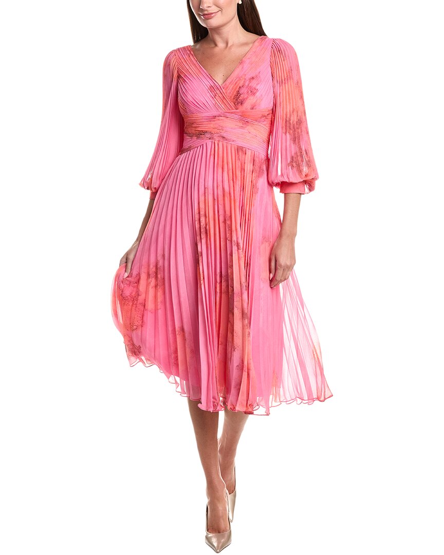 Teri Jon By Rickie Freeman Printed Chiffon Pleated Full Sleeve V-neck Dress In Pink