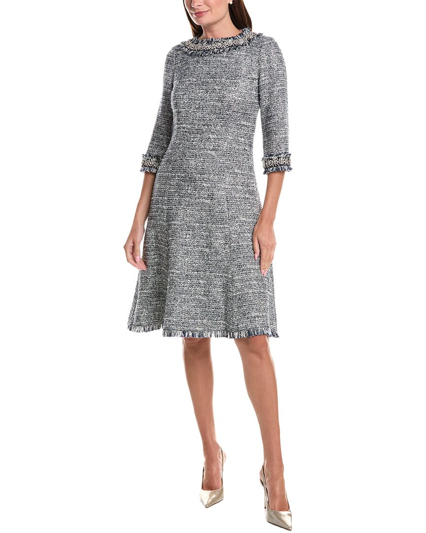 Teri Jon By Rickie Freeman Tweed Jewel Trim A-line Dress In Blue
