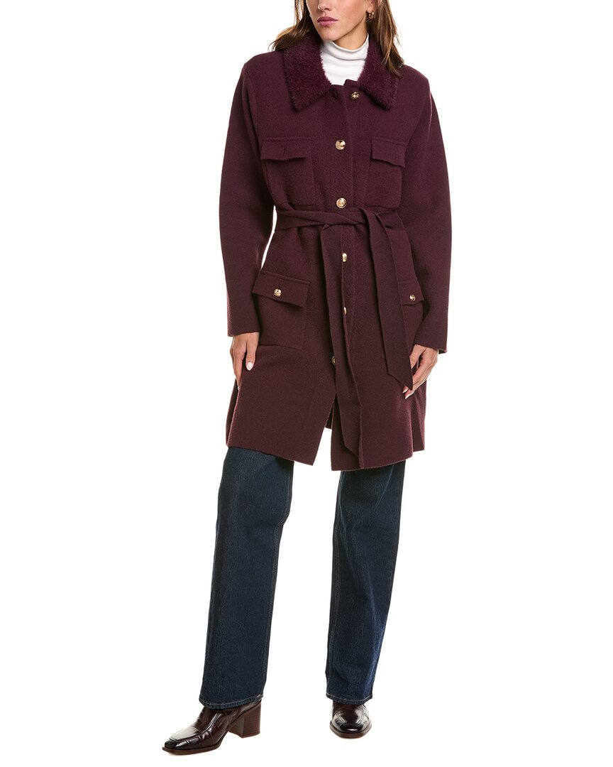 Nvlt Faux Fur Eyelash Military Coat In Burgundy