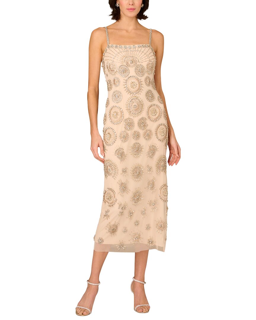 Aidan Mattox Beaded Sleeveless Midi Dress In Neutral