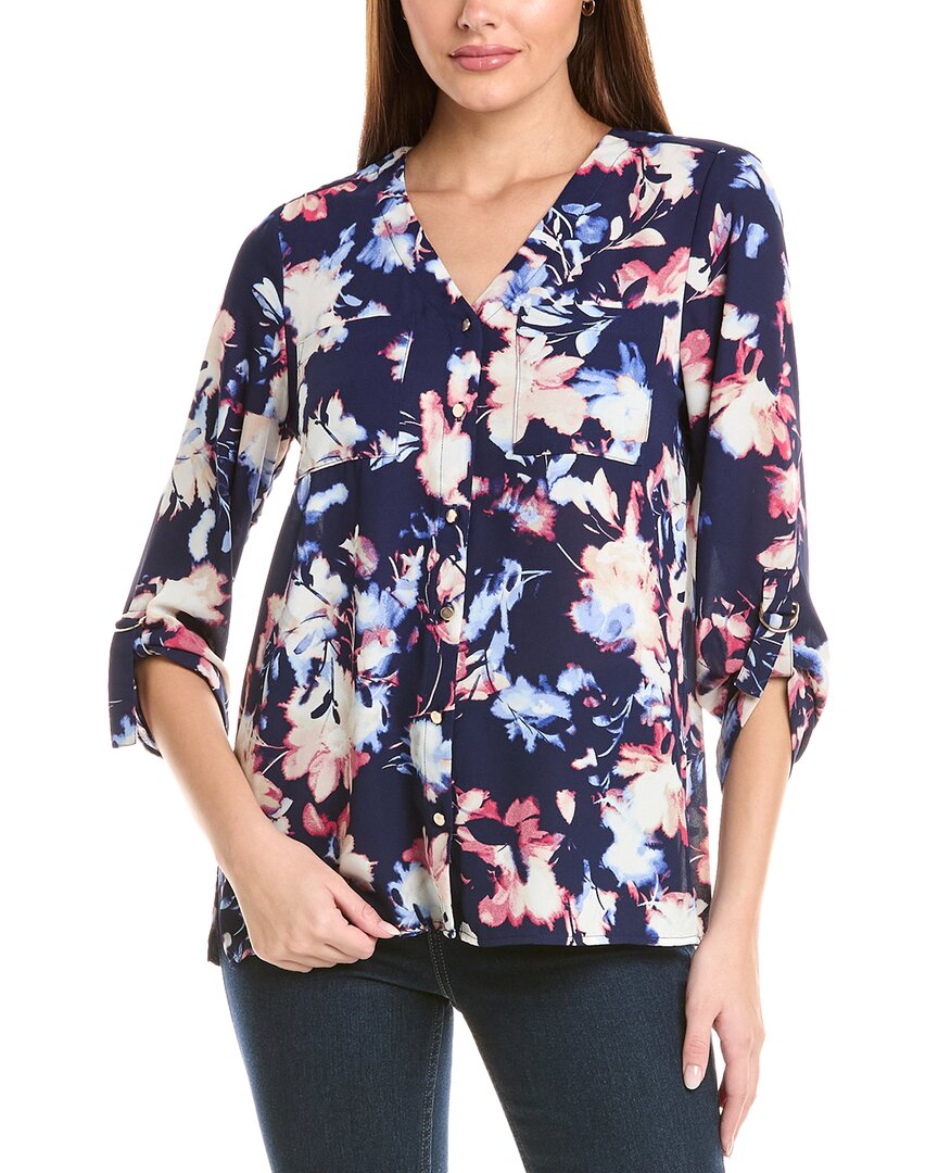 Jones New York D-ring Cuff Elbow Sleeve Button-up Top In Blue