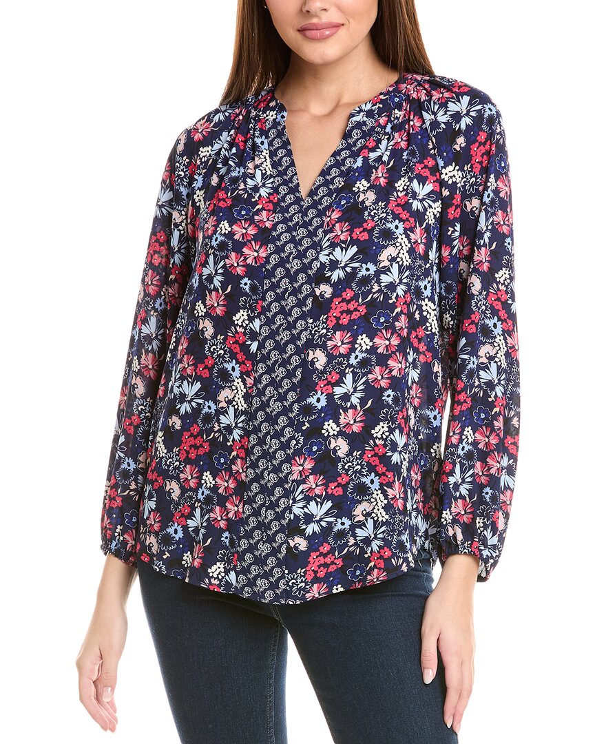 Jones New York Petite Mixed-print V-neck Long-sleeve Top In Blue