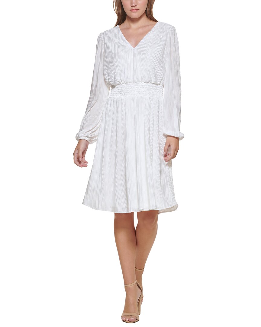 Kensie Pleated V-neck Long Sleeve A-line Dress