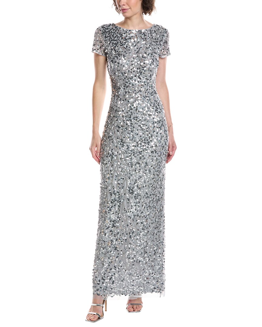 Adrianna Papell Beaded Mesh Gown In Gray