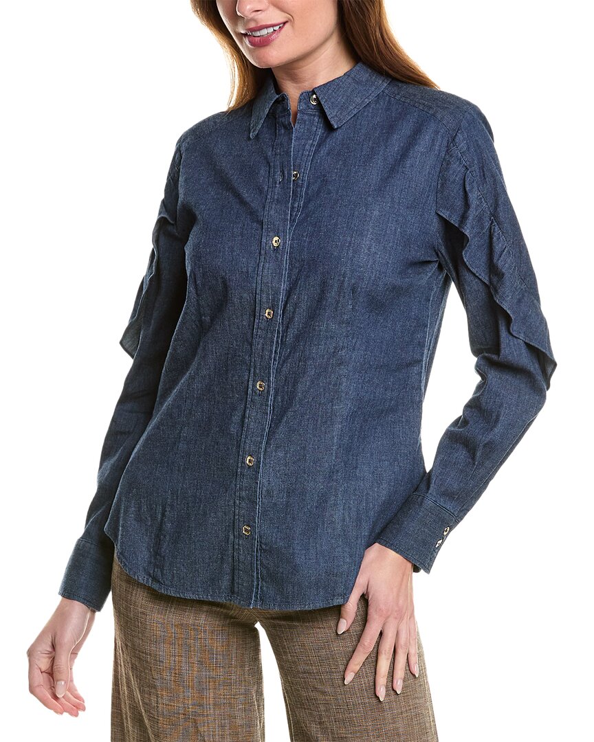 Jones New York Button-front Ruffle Sleeve Denim Shirt In Blue