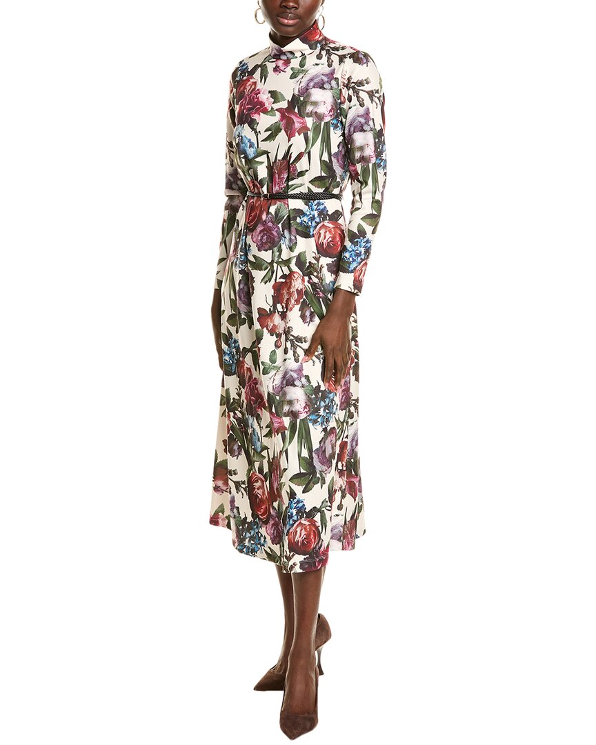 Anne Klein Floral Belted Mock Neck Long Sleeve Maxi Dress In Pink