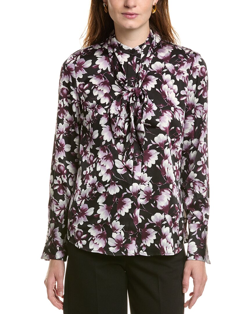 Anne Klein Floral Tie Neck Long Sleeve Top In Black