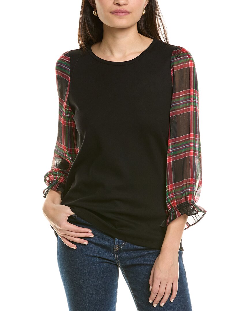 Jones New York Womens Plaid Viscose Pullover Top In Black