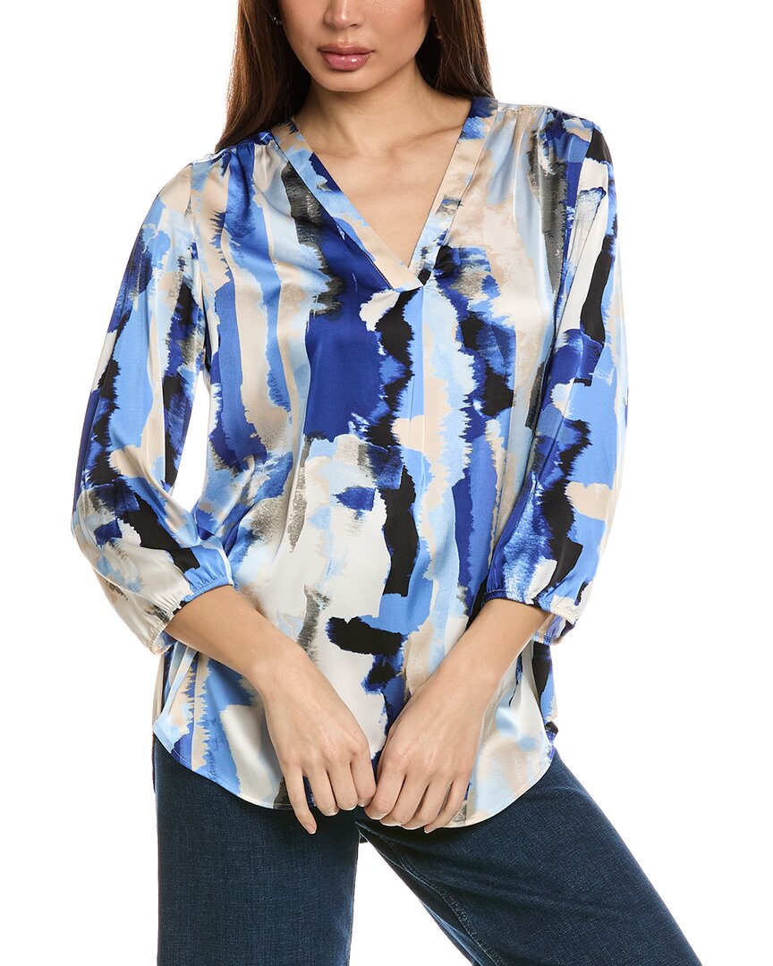 Jones New York Abstract Print Pleat V-neck Top In White