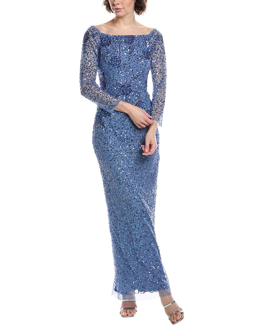 Adrianna Papell Beaded Mesh Gown In Blue