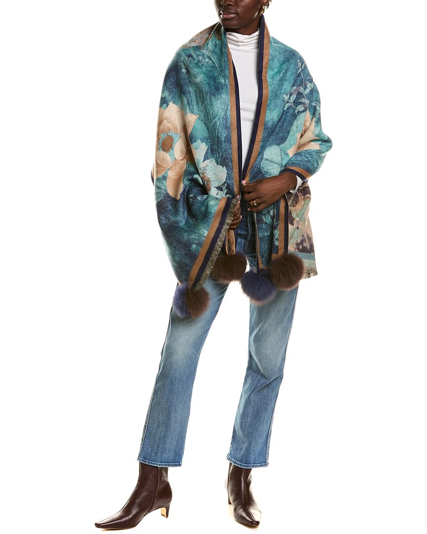 La Fiorentina Floral Print Wrap With Fox Poms In Blue