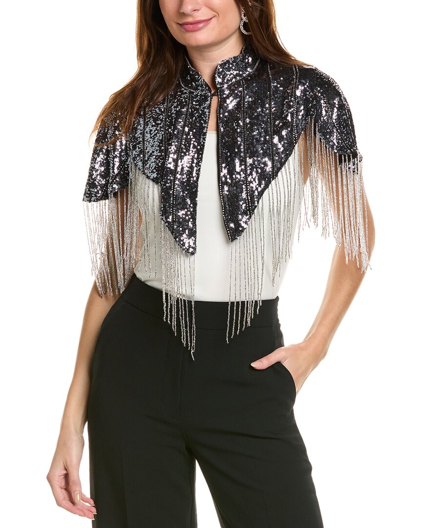 Shop Saachi Beaded Fringe Sequin Capelet In Grey