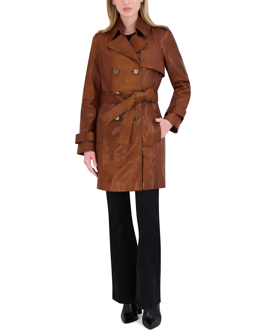 Tahari Natalie Medium Leather Trench Coat In Brown