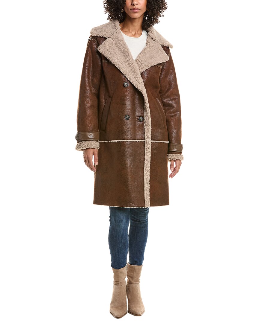 Frye Faux Shearling Lined Faux Leather Coat In Brown