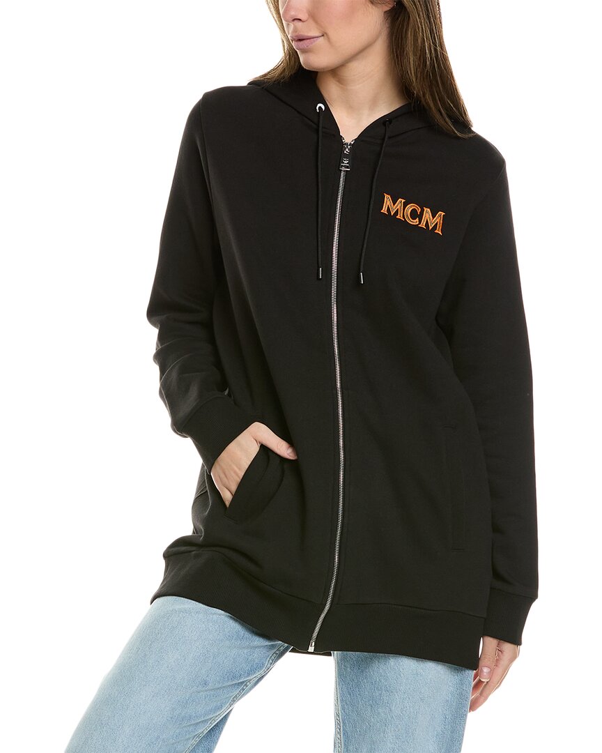 Mcm Women's Black Cotton Embroidered Fringe Logo Zip Up Jacket In Black