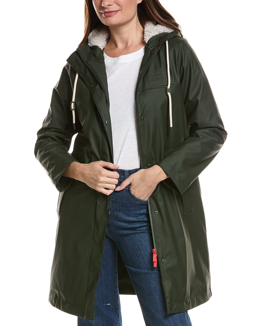 Hunter Cindy Rubberized Mid Length Rain Jacket In Green
