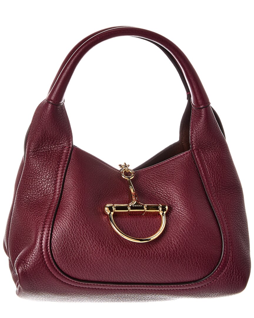 Gucci Women Bordeaux Shoulder Bag With Horsebit Closure In Grained Leather Woman In Red