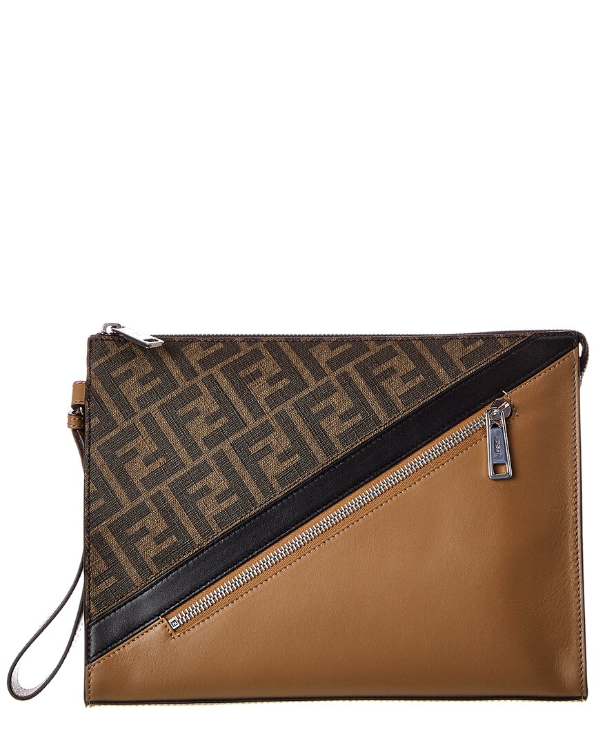 Fendi Ff Leather Pouch In Brown