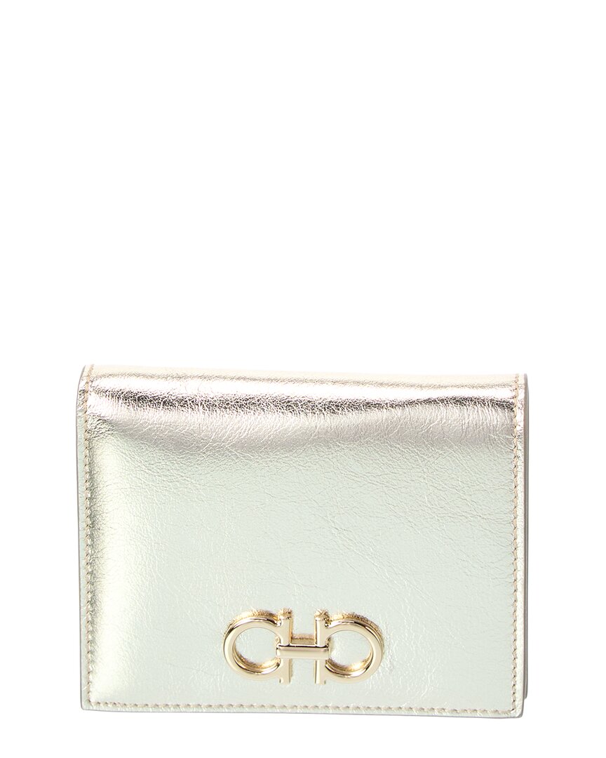 Ferragamo Gancini Leather Card Case In Silver