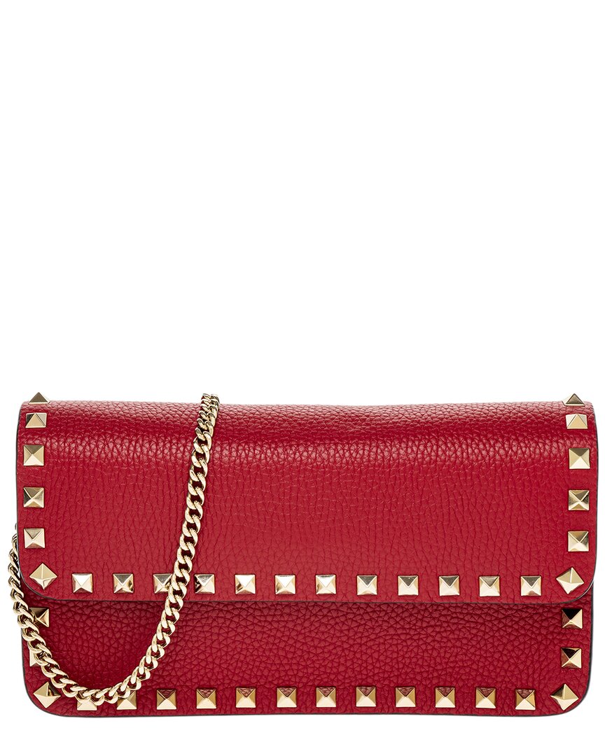 Valentino Garavani Valentino Rockstud Leather Wallet On Chain In Burgundy