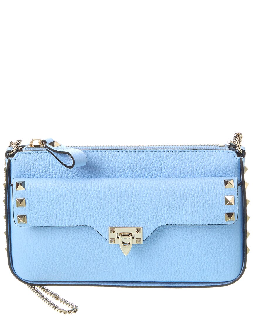 Shop Valentino Rockstud Grainy Leather Wallet On Chain In Blue