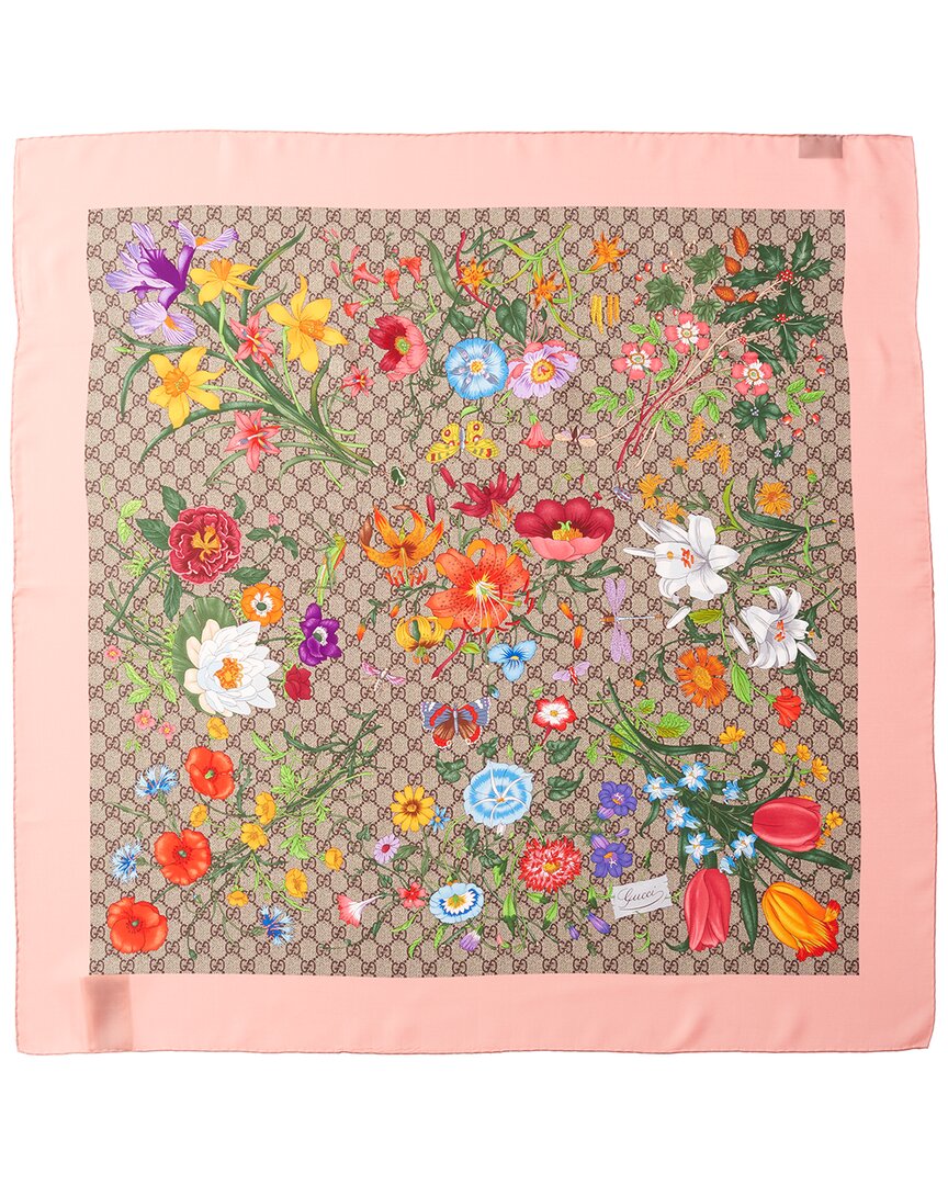Gucci Gg Flora Print Silk Twill Scarf In Pink
