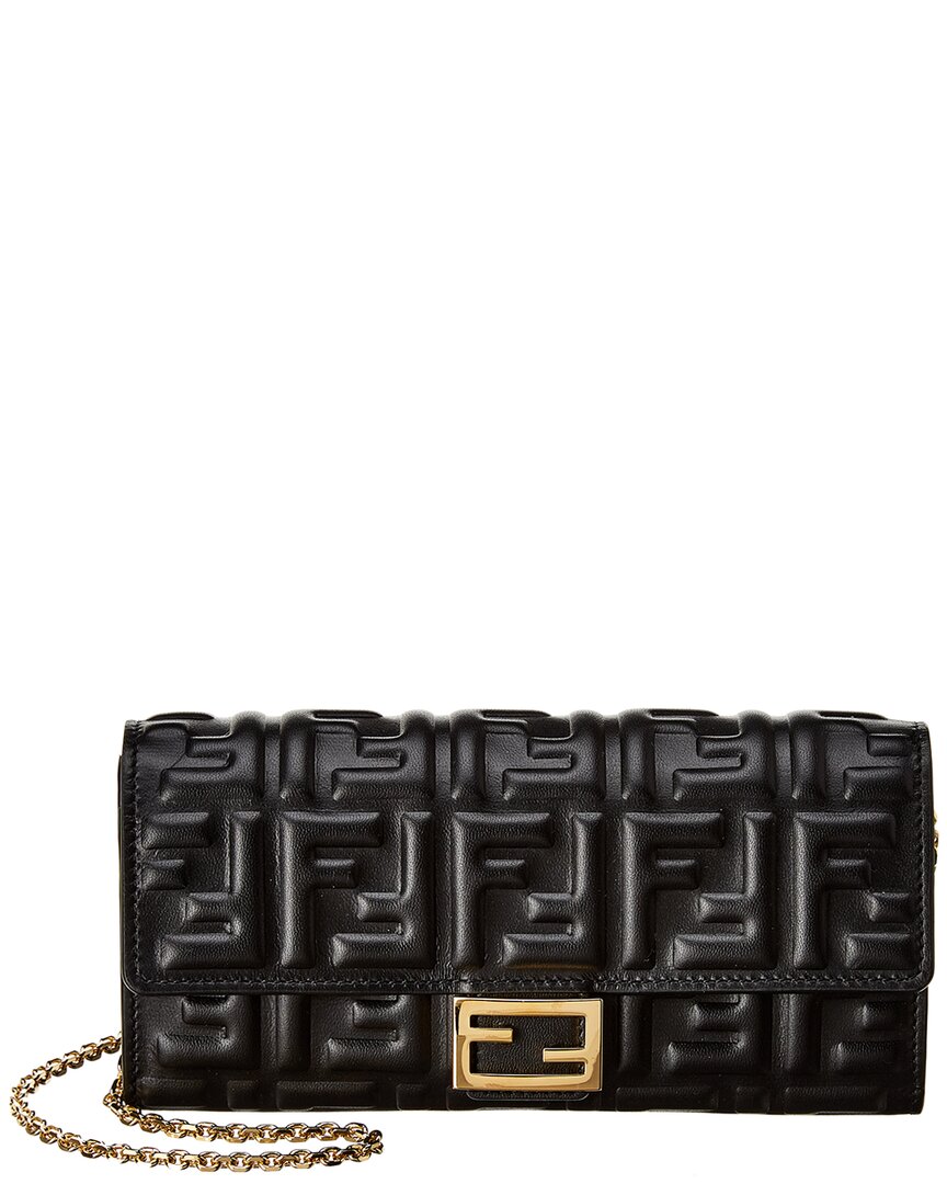 Fendi Baguette Leather Wallet On Chain In Black