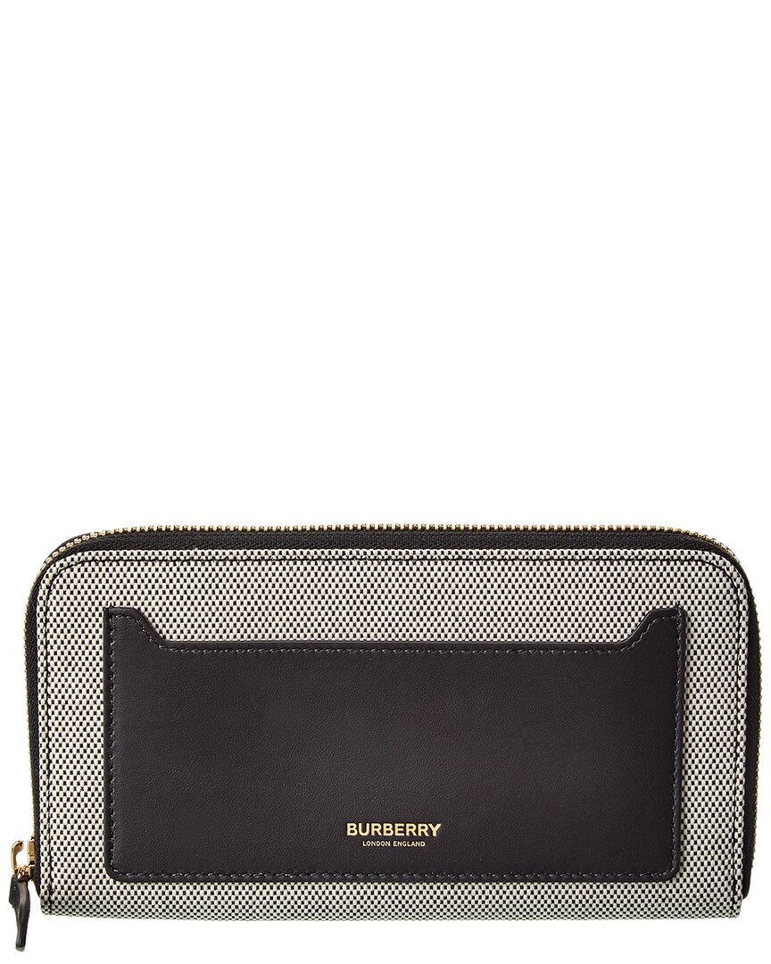 Burberry Logo Canvas & Leather Zip Around Wallet In Black