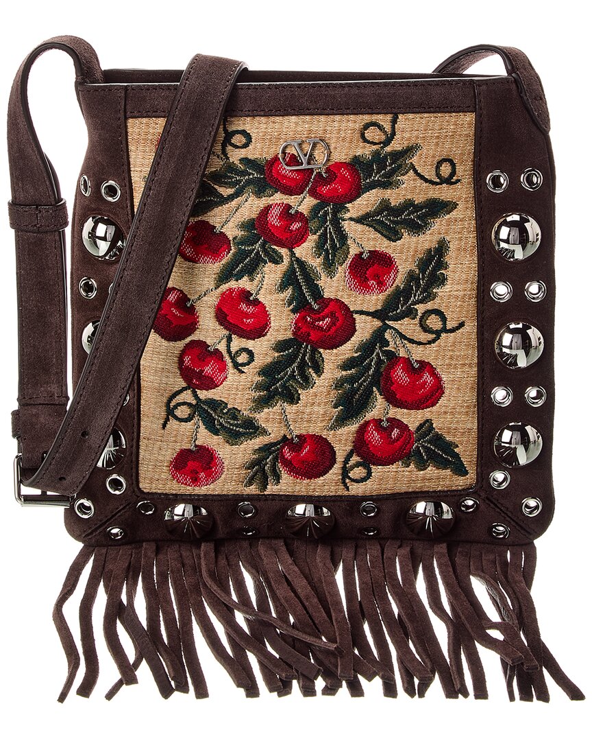 Valentino Nellcote Small Cherryfic Suede Shoulder Bag In Brown