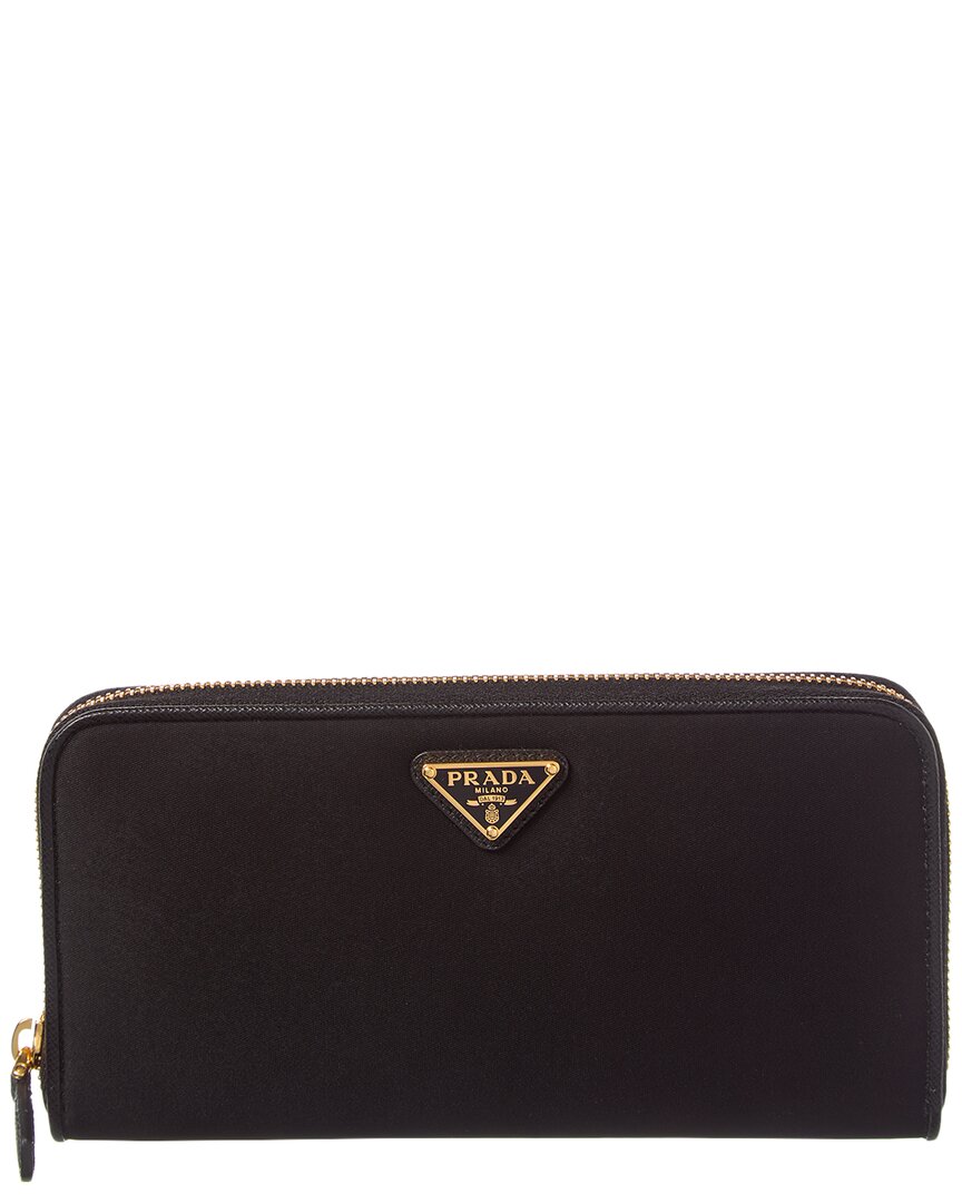 Prada Dnu Inv  Logo Tessuto & Leather Zip Around Wallet In Black