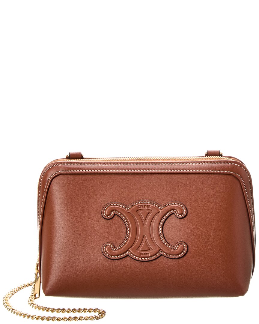 Celine Triomphe Leather Clutch On Chain In Brown