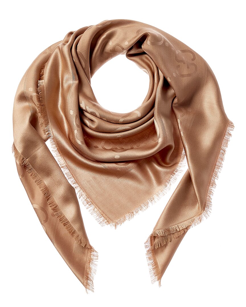 Gucci Gg Jacquard Wool & Silk-blend Scarf In Brown