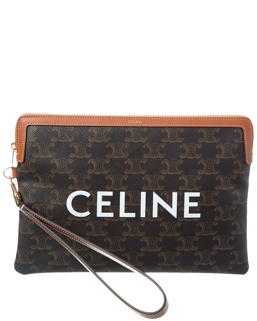 Celine Small Triomphe Canvas & Leather Pouch In Brown