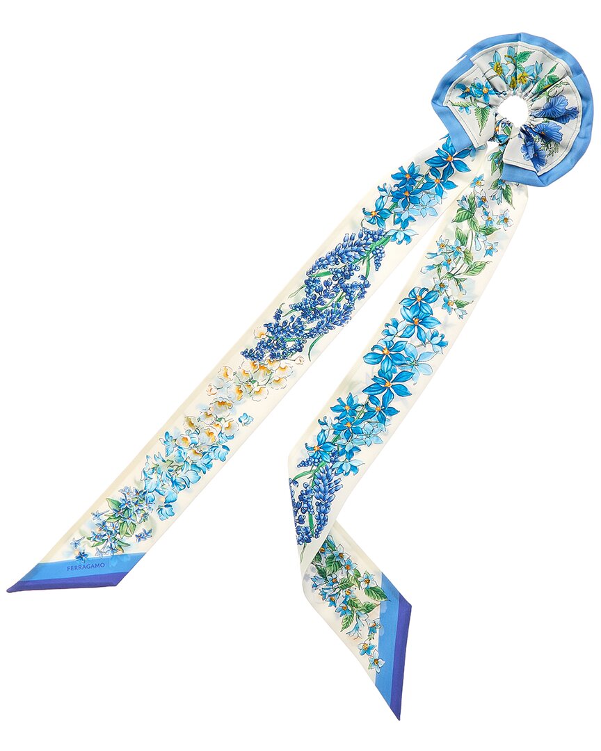 Ferragamo Blue/White Logo Silk Scarf