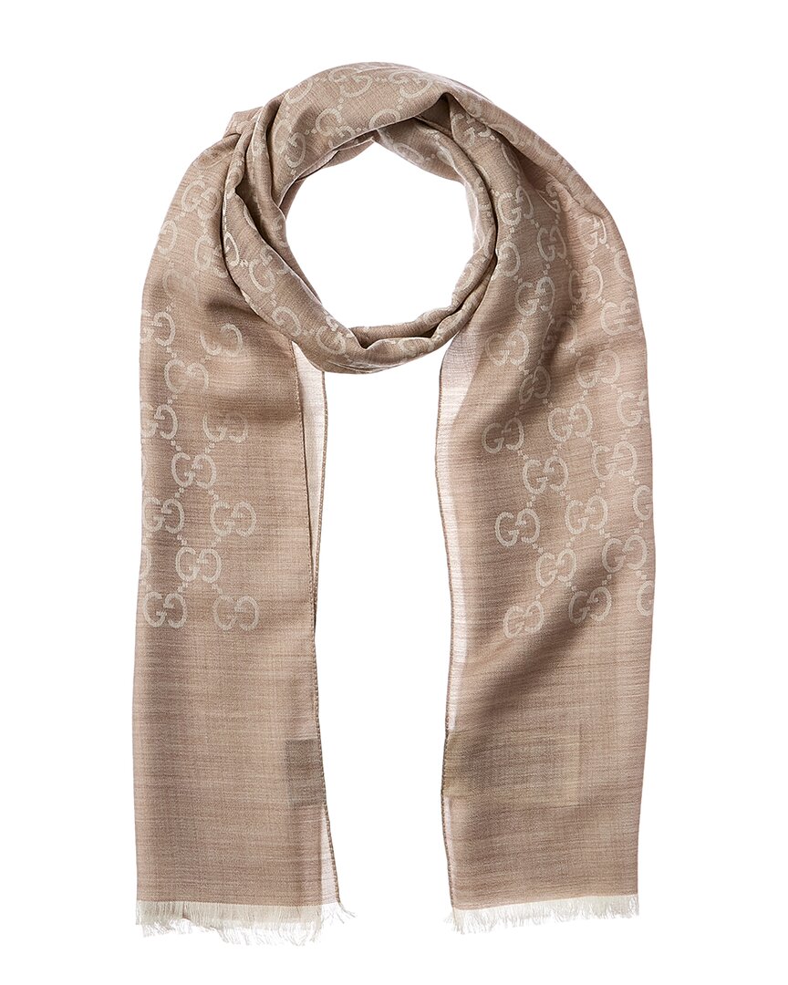 Gucci Logo Small Jacquard Wool & Silk-blend Scarf In Beige