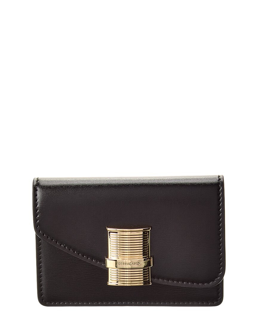Ferragamo Fiamma Leather Card Holder In Black