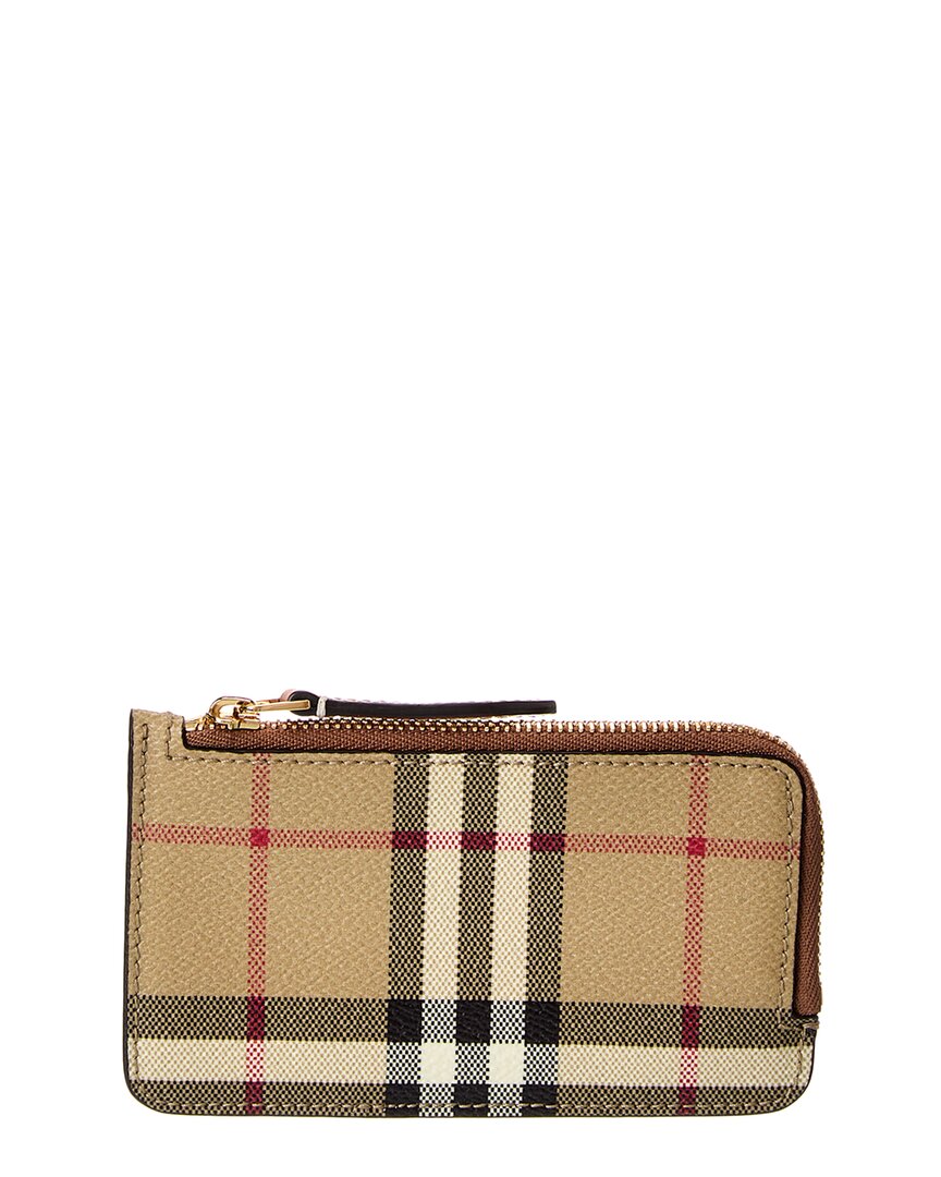 Burberry Check E-canvas & Leather Zip Card Case In Brown