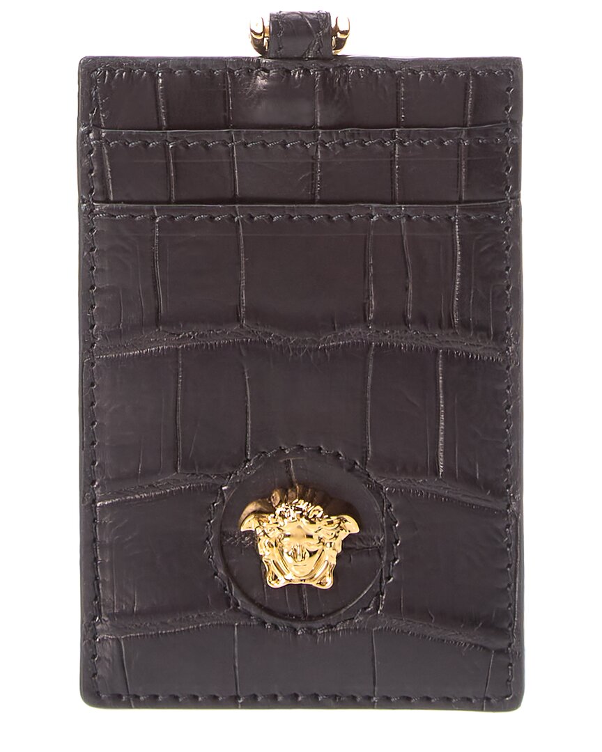 Shop Versace La Medusa Croc-embossed Leather Card Holder On Chain In Black