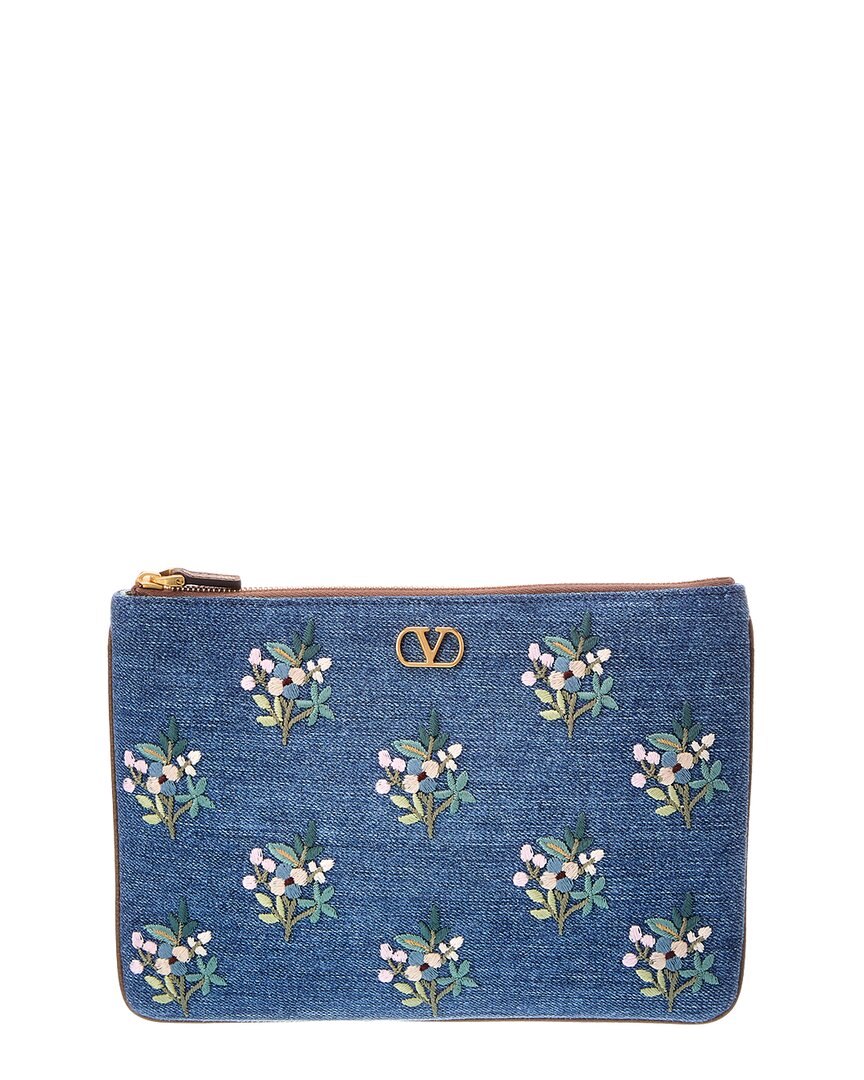 Valentino Garavani Valentino Vlogo Signature Denim Card Pouch In Blue