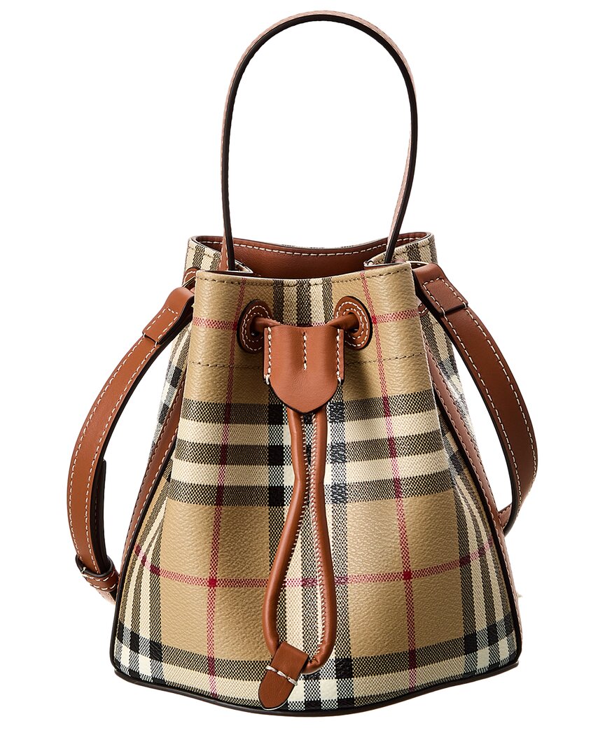 Burberry Drawstring Bucket Bag With Signature Plaid Pattern In Neutral
