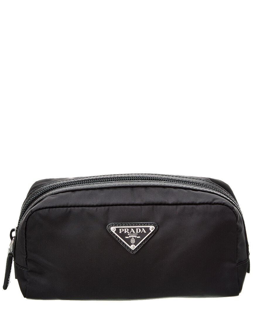 Prada Logo Plaque Nylon & Leather Pouch