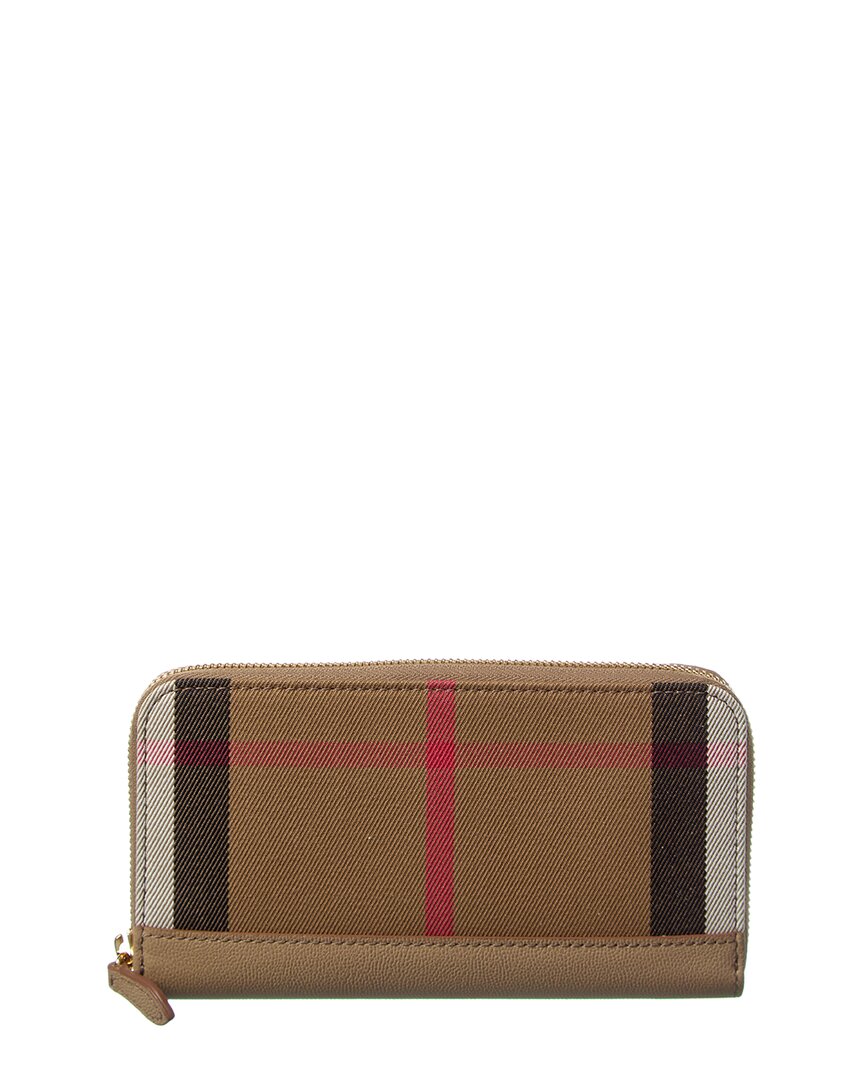 Burberry Check Canvas & Leather Zip Around Wallet In Sand