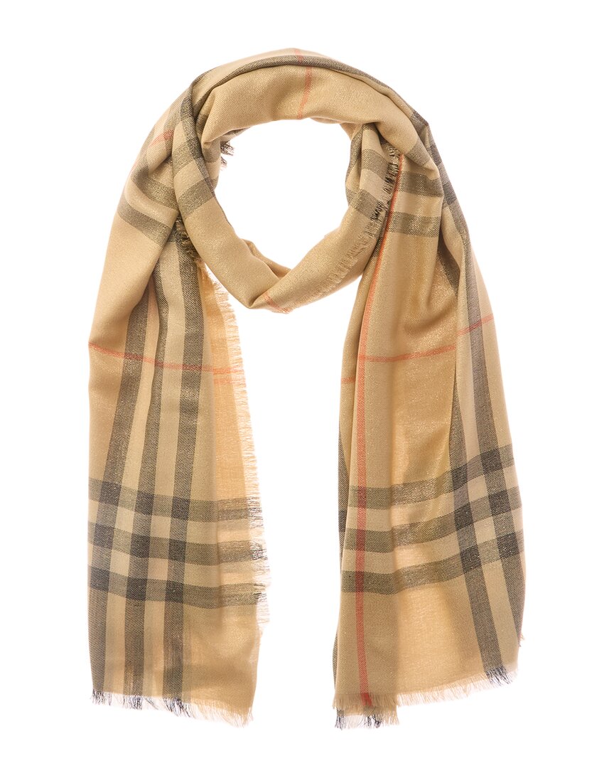 Burberry Embroidered Wool Blend Scarf In Brown