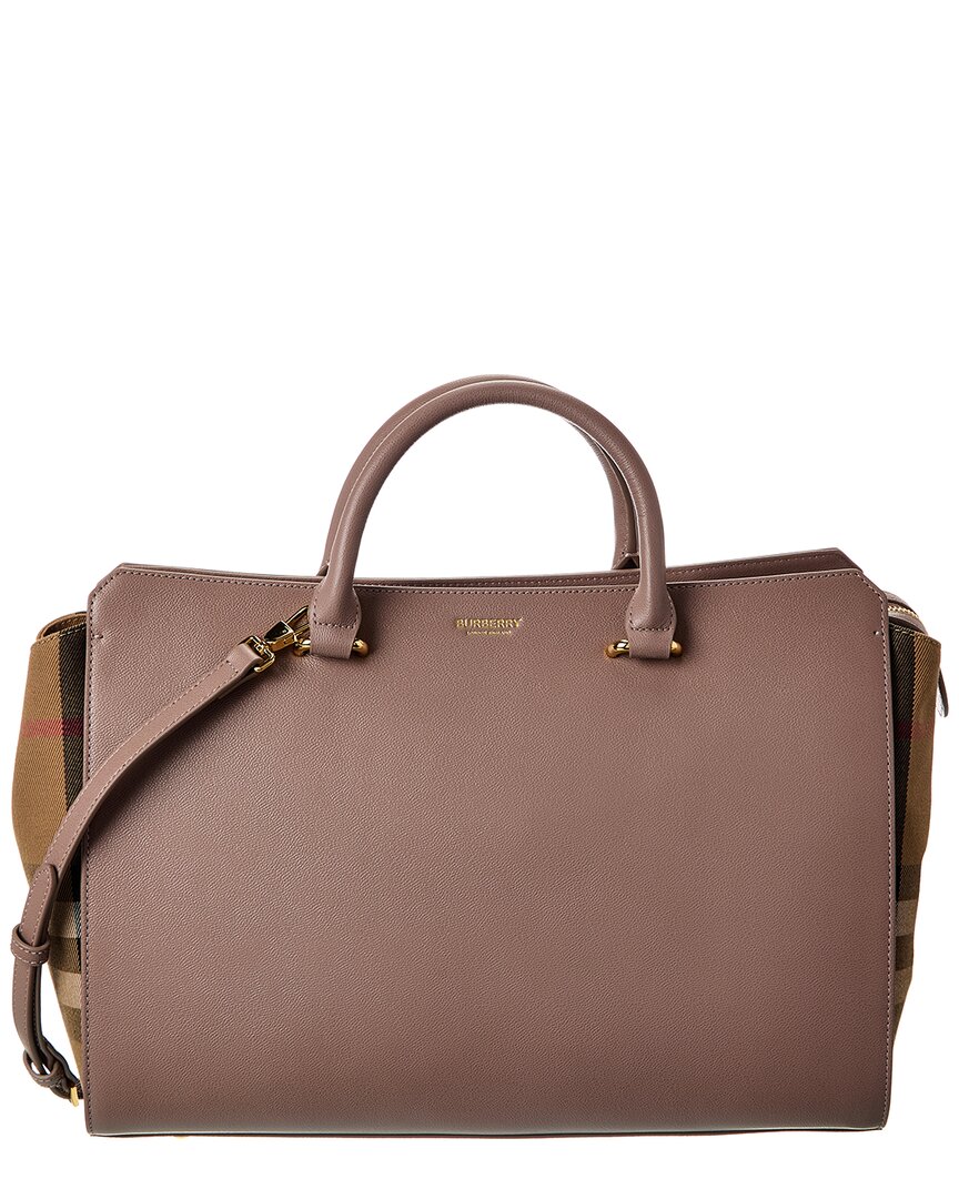 Burberry Banwell Medium Leather & Check Canvas Satchel In Gray