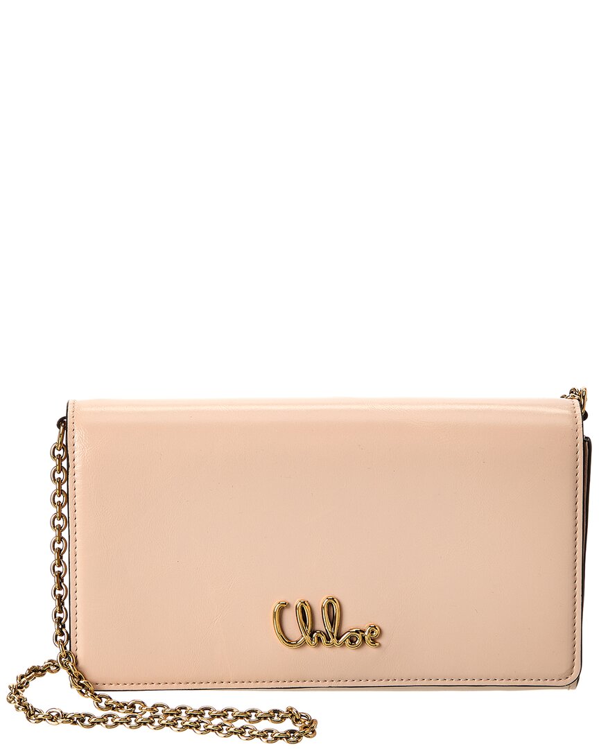 Chloé Iconic Flap Wallet On Chain In Shiny Calfskin In Pink