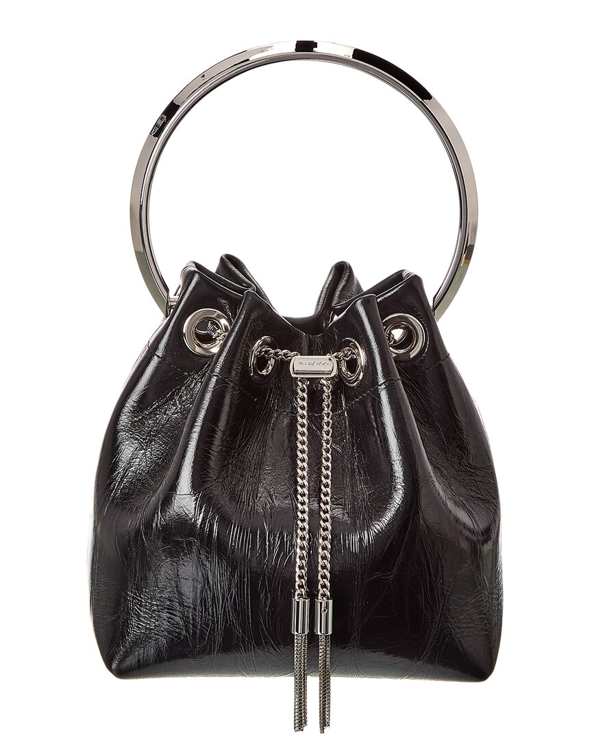 Jimmy Choo Eyelet Chain Bucket Bag With Metallic Handle In Black