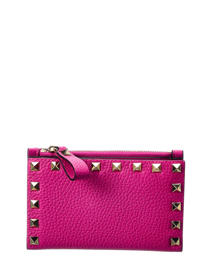 Valentino Garavani Rockstud Grainy Leather Coin Purse & Card Holder In Pink