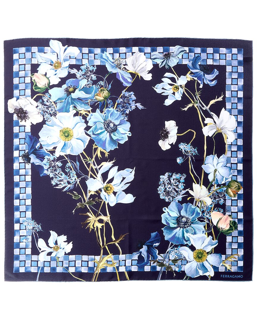 Ferragamo Fiori Print Silk Scarf In Blue