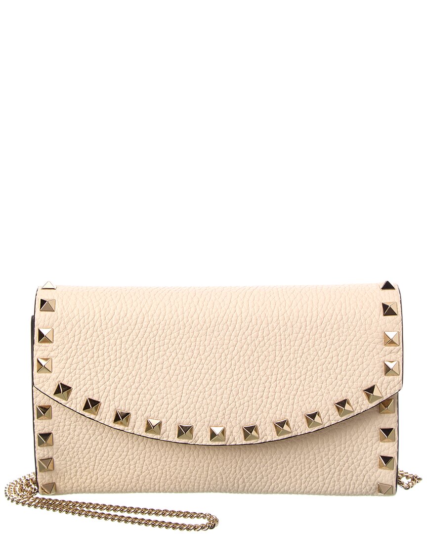 Valentino Rockstud Mini Grainy Leather Wallet On Chain In White