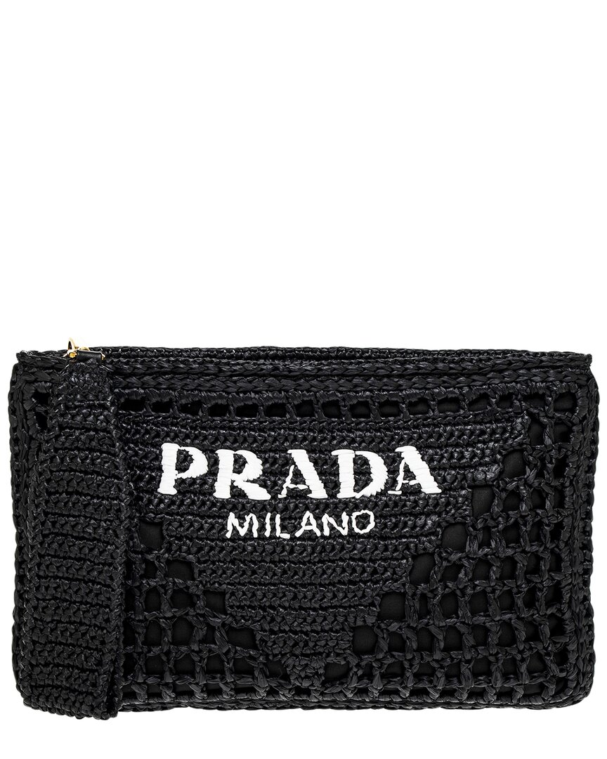 Prada Logo Raffia & Nylon Clutch In Black
